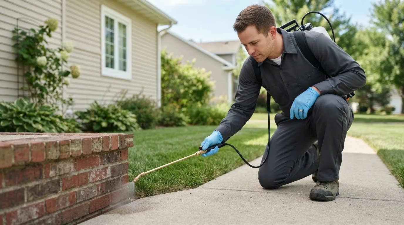 Pest control technician treating a home near Swisshome, OR